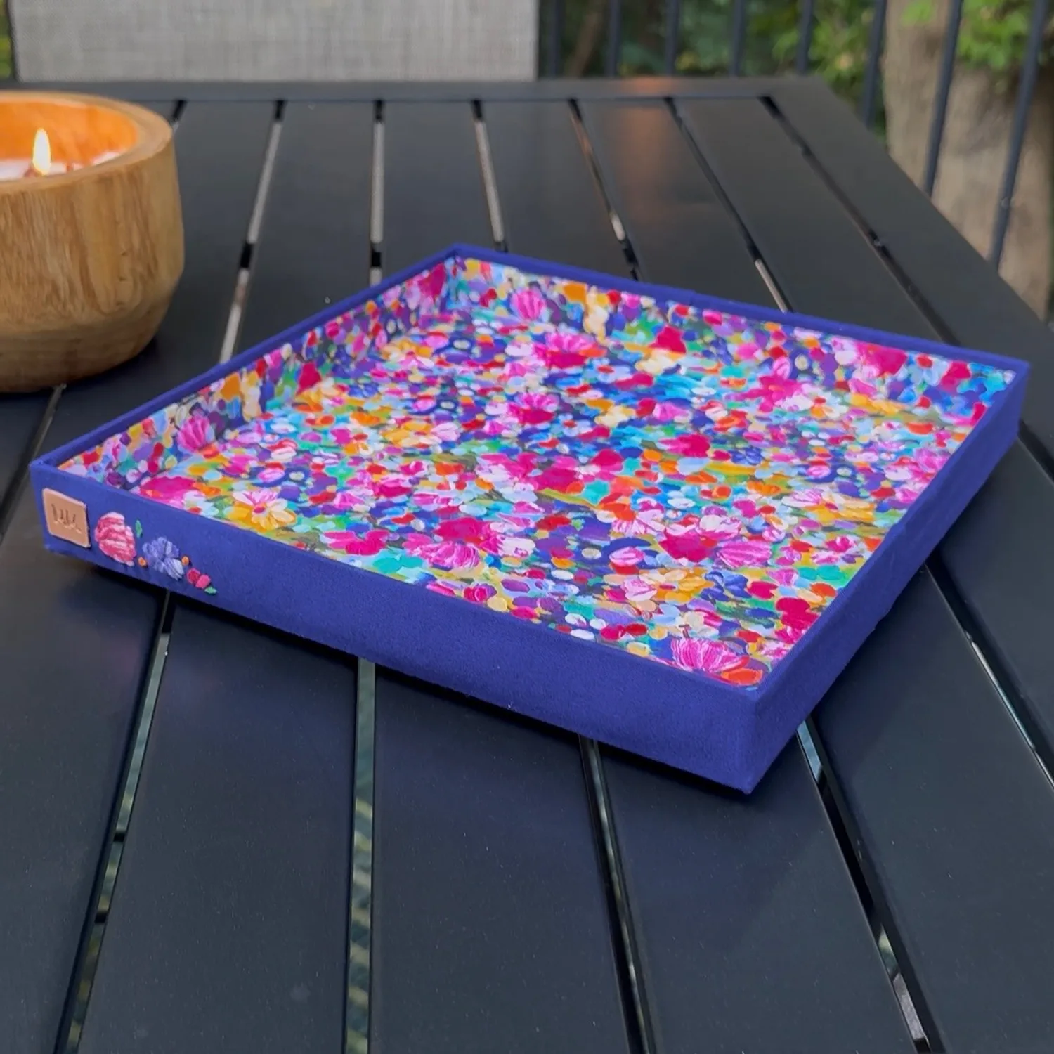 Finished fabric-covered valet tray with floral and embroidered details
